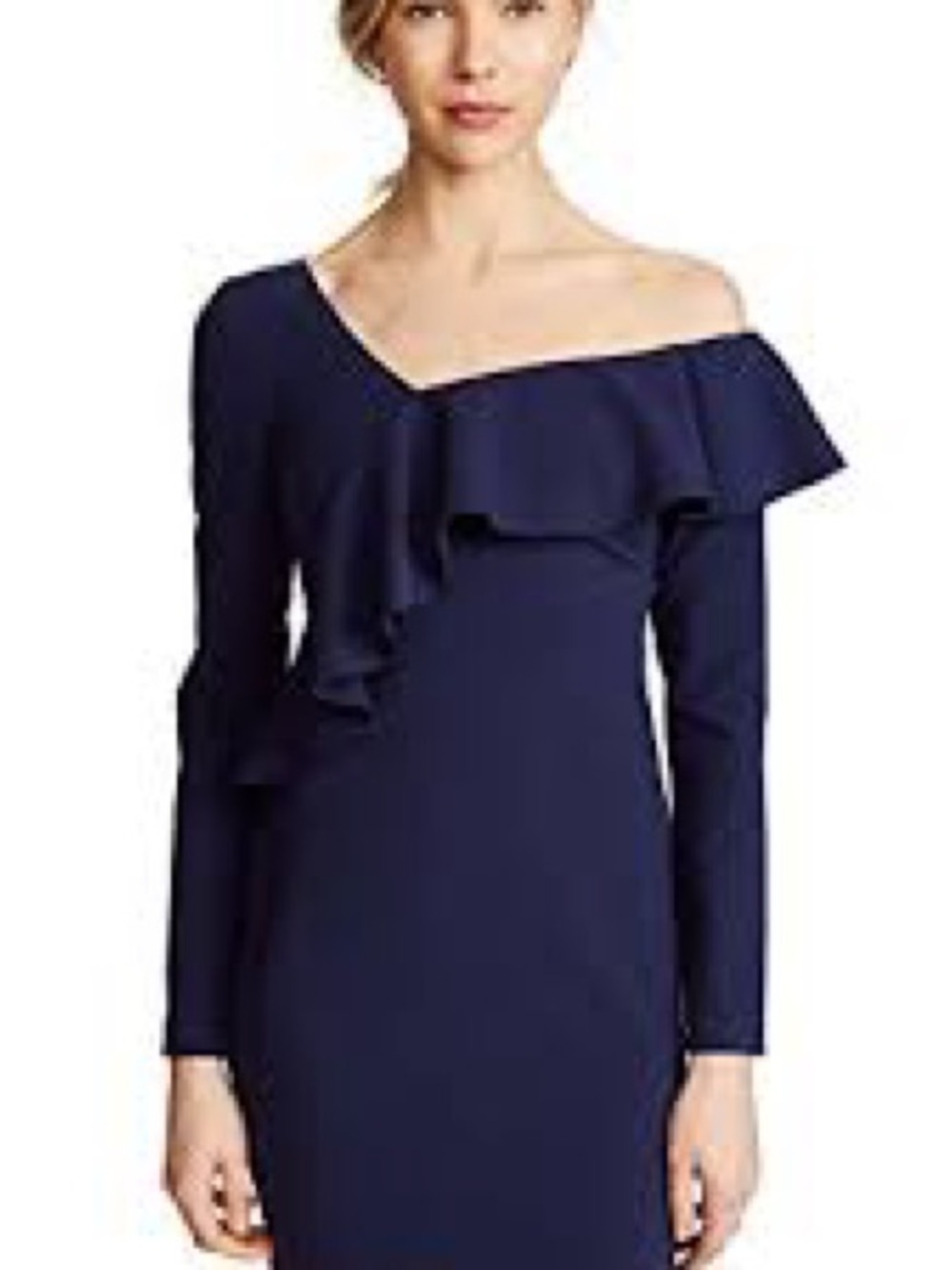 Black Halo Navy One-Shoulder Ruffle Long-Sleeve Dress EUC